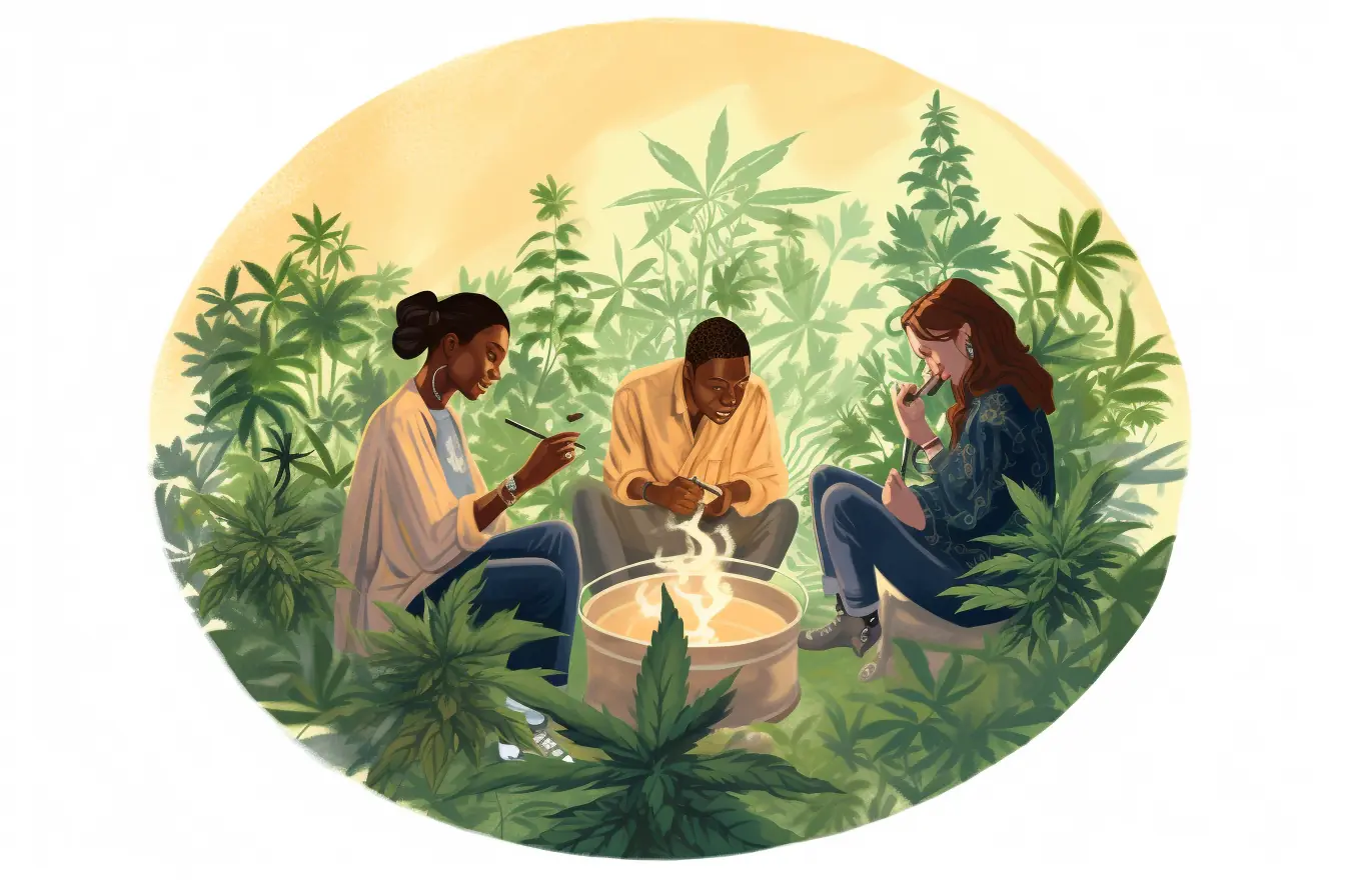 Menschen sitzen im Kreis und teilen sich Cannabis-Joints Ein Kreis aus Marihuanablättern ist das Herzstück eines Cannabis Social Clubs in Jena, wo sich Menschen begegnen.
