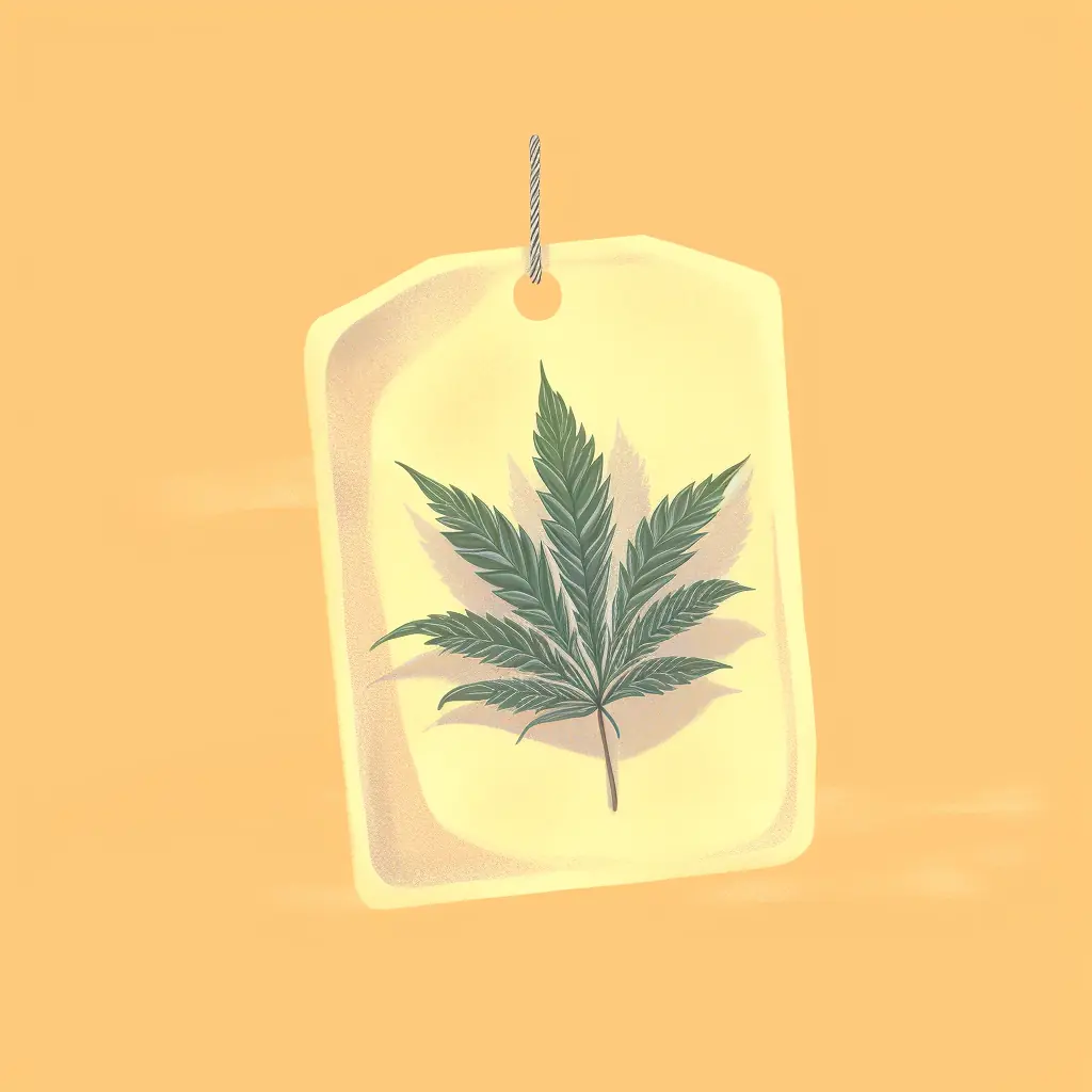 Ein pastellfarbenes Cannabisblatt ist auf dem Preisschild abgebildet, das den Wert des Produkts angibt. Ein Preisschild, geschmückt mit einem Marihuanablatt, repräsentiert die Cannabis-Kultur in Jena.