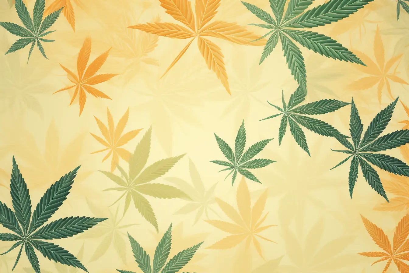 Cannabis Social Club in Jena: Lässige Stimmung mit schlichten Cannabisblättern Ein Collage aus Cannabisblättern auf beigem Untergrund, zusammengestellt für einen Cannabis Social Club in Jena